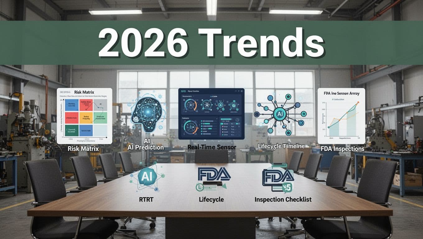 Bold editorial illustration featuring icons of key 2026 product quality trends—risk matrix chart, AI prediction dashboard, real-time sensor array, lifecycle timeline graph, and FDA inspection checklist—arranged on a modern conference table in a factory office setting with a prominent '2026 Trends' headline.