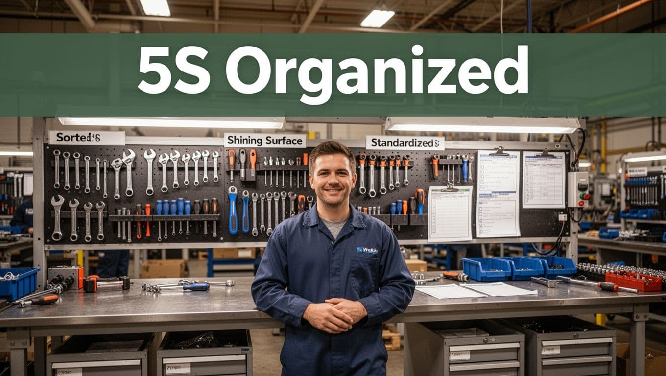 Organized clean production line workstation showing 5S principles with sorted tools in shadow boards, shining surfaces, standardized setup with checklists, and a worker sustaining order in realistic factory style warm lighting.