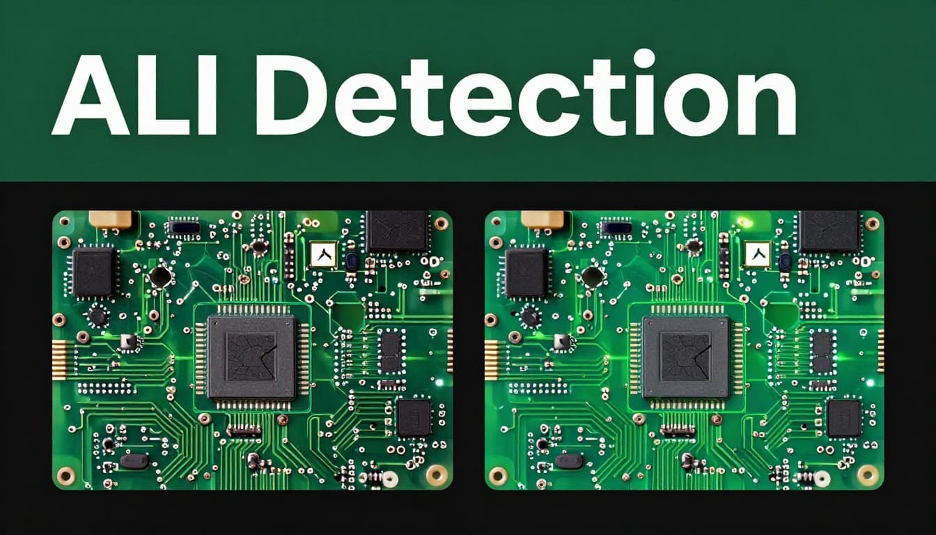 Split-view AI software interface analyzing circuit board images, with raw image on the left and defect-highlighted analysis on the right using bounding boxes and color segmentation for cracks and stains.