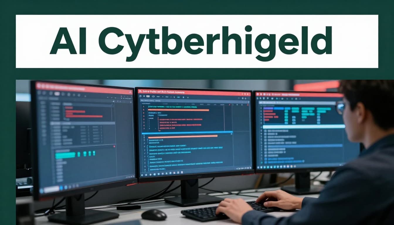 AI dashboard on a computer screen in a secure operations center displays cyber threat alerts and simulations, with one analyst seated at a desk with monitors under dim lighting and screen glow.