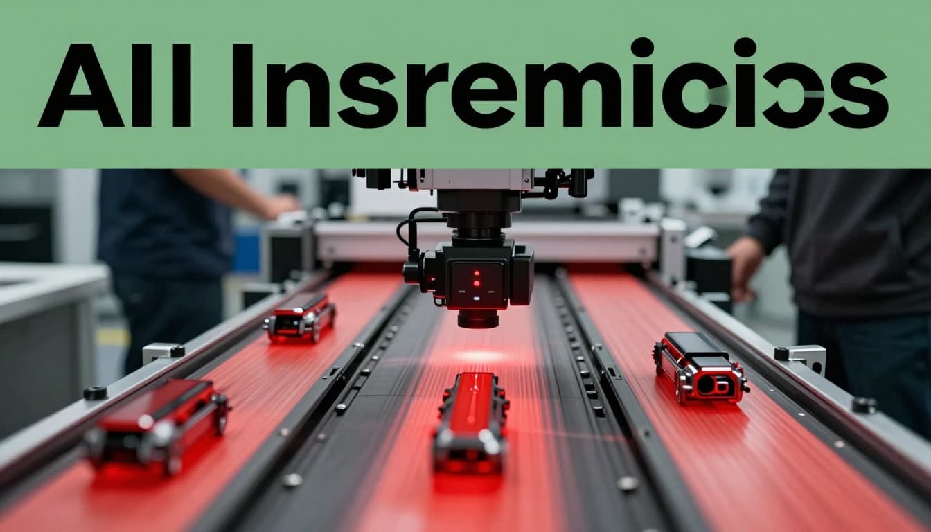 AI vision system scans automotive parts on a conveyor belt, highlighting tiny flaws in red with an overhead camera. Dynamic motion blur on the belt focuses on three parts, one flagged defect, under diffused lighting.