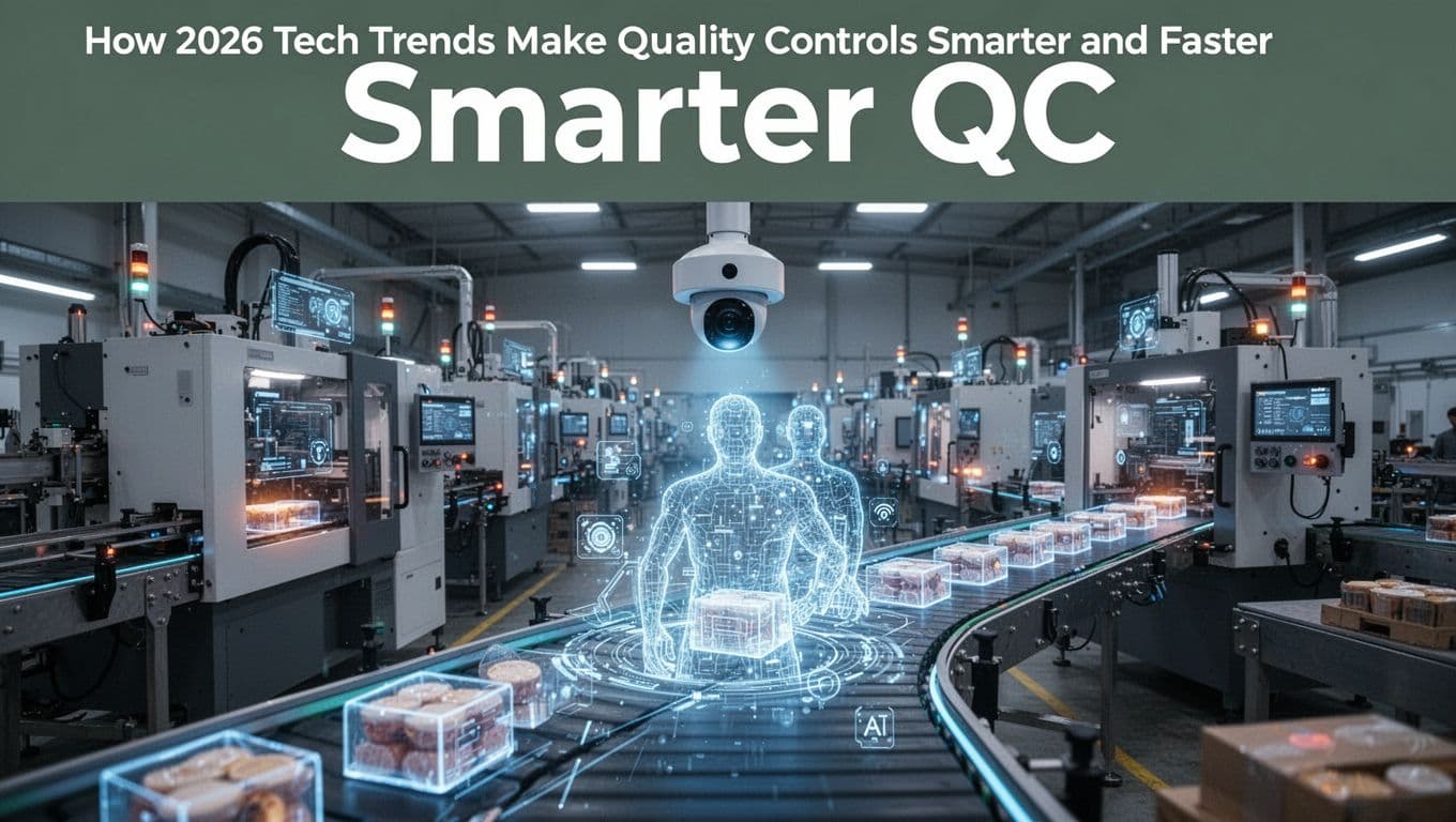 Modern factory with glowing IoT sensors on machines, AI camera scanning products, and digital twin hologram on conveyor belt in futuristic blue-toned lighting.