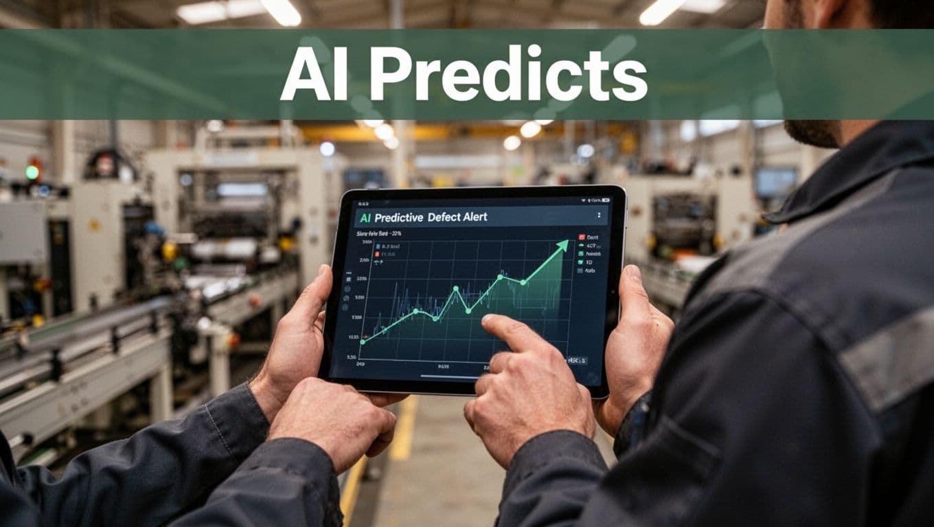 Production line worker holds tablet receiving AI predictive defect alert in a factory setting, focusing on the predicted quality trend.