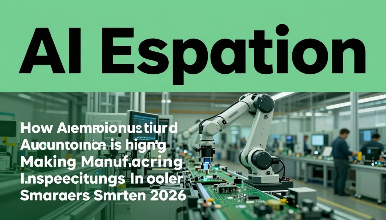 Overhead view of a modern factory featuring an AI-powered robot arm inspecting circuit boards on a conveyor using cameras and sensors, with anomaly detection highlights and blurred workers in the background.