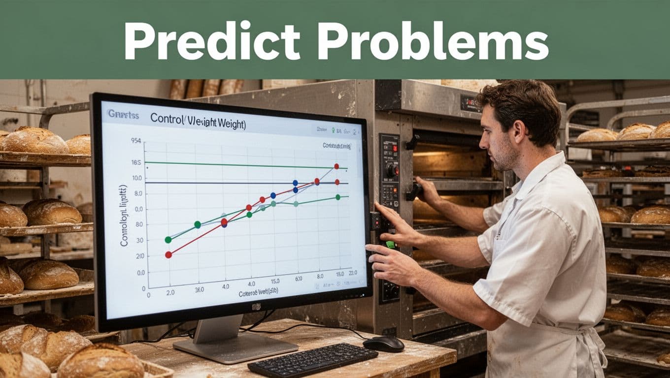 A control chart on a computer screen in a bakery displays plotted bread weight data within control limits, with a baker adjusting the oven nearby. Illustrative side-view composition in warm workshop lighting, featuring bold 'Predict Problems' headline on a dark-green top band.