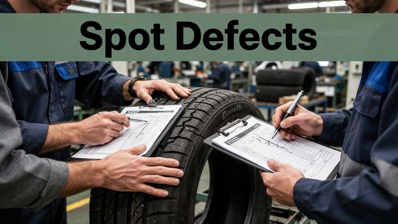 Workers in a factory inspect car tires for cracks using checklists and measuring tools, with close-up on hands holding a tire and marking a chart, under natural lighting in realistic photo style. Features bold 'Spot Defects' headline on a muted dark-green band.