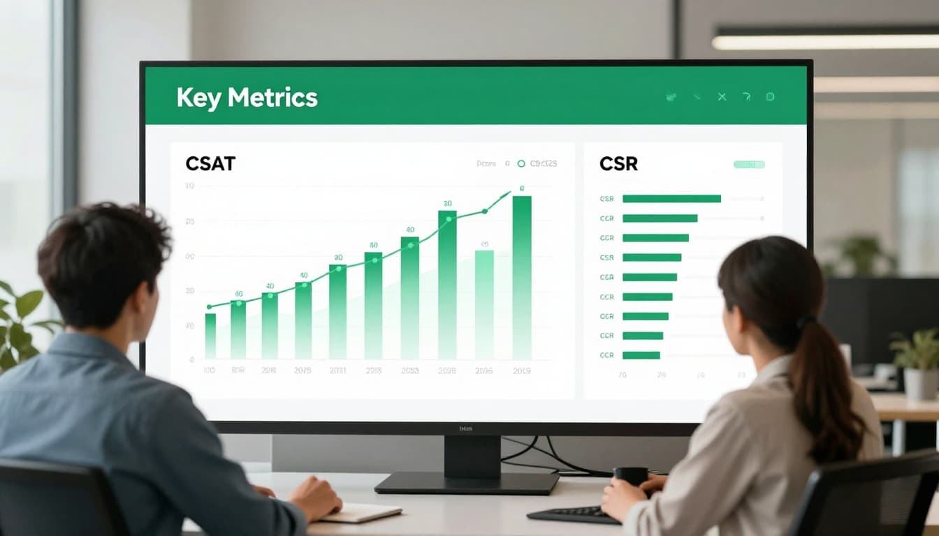 A modern office dashboard on a computer screen displays rising CSAT scores and FCR metrics, viewed by a single relaxed analyst in a wide shot desk setup with infographic realistic style and bright lighting.