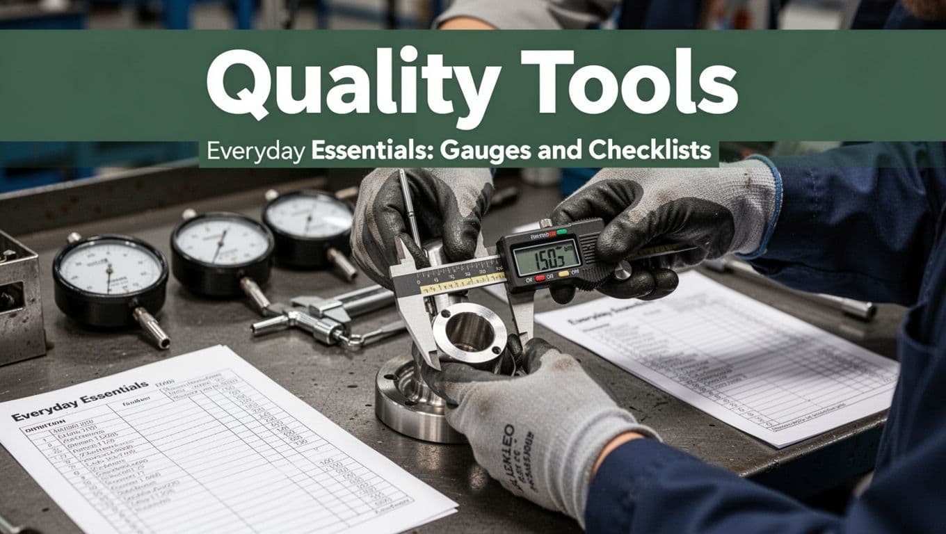 Gloved hands of a production worker precisely using a digital caliper to measure a machined part on an organized workbench with gauges and checklists nearby, under realistic industrial lighting.