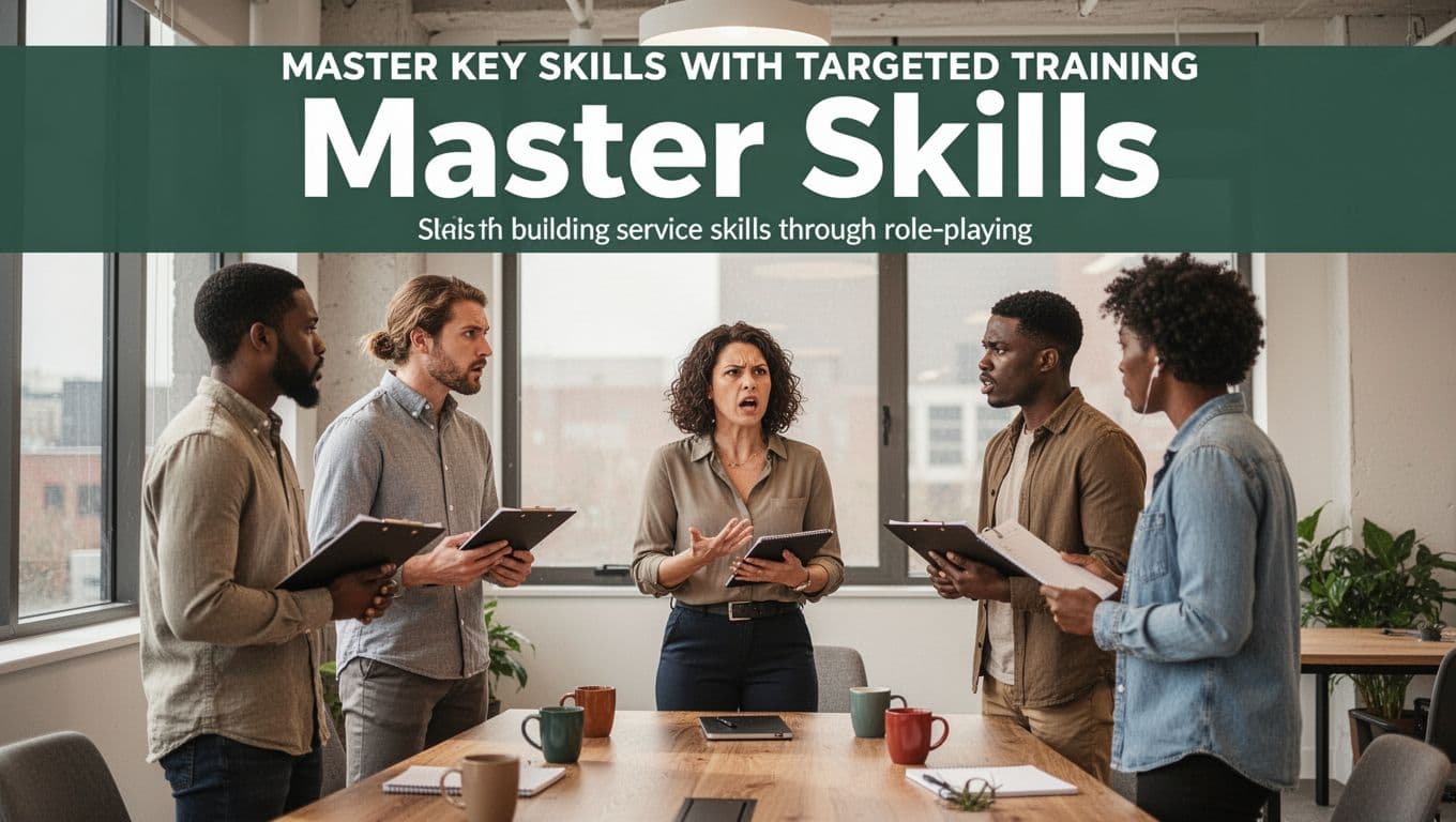 Four diverse employees in a bright modern training room practice customer service role-play, with one agent handling a simulated angry customer while others observe with notebooks around a table with coffee mugs.