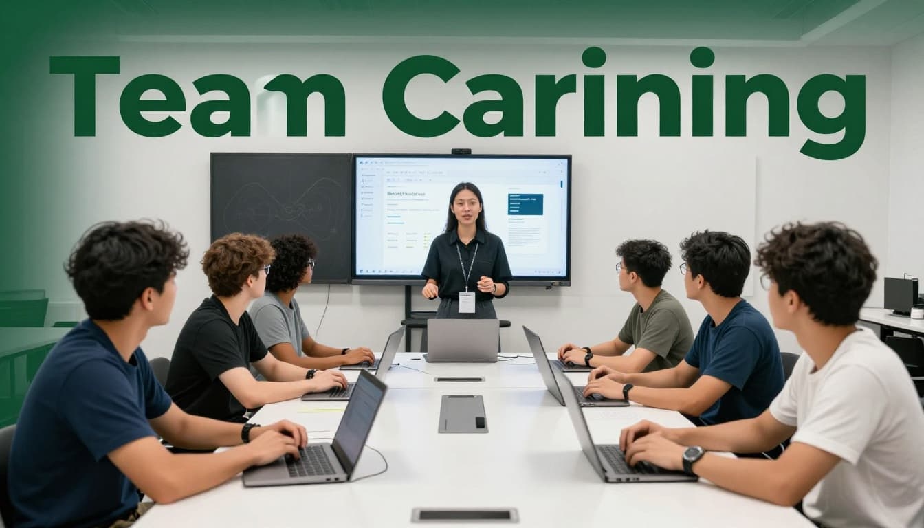 A diverse group of five factory team members, three sitting and two standing, engages in an upskilling workshop around a table with laptops and AI demo screens, as an instructor shows defect prediction software in a modern training room.