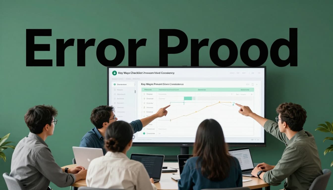 A diverse team in a modern office reviews a digital checklist on a large screen, pointing at metrics and graphs showing improvements in a collaborative meeting setup. Bold 'Error Proof' headline in Montserrat Black font on a muted dark-green band at the top.