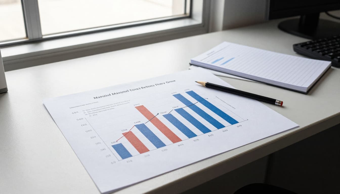 A clean desk in a factory office displays manual quality control charts: a fishbone diagram for machine defect causes and a Pareto chart for top defect types, with pencils and notepad nearby. Realistic photo with bright natural lighting, centered on charts.