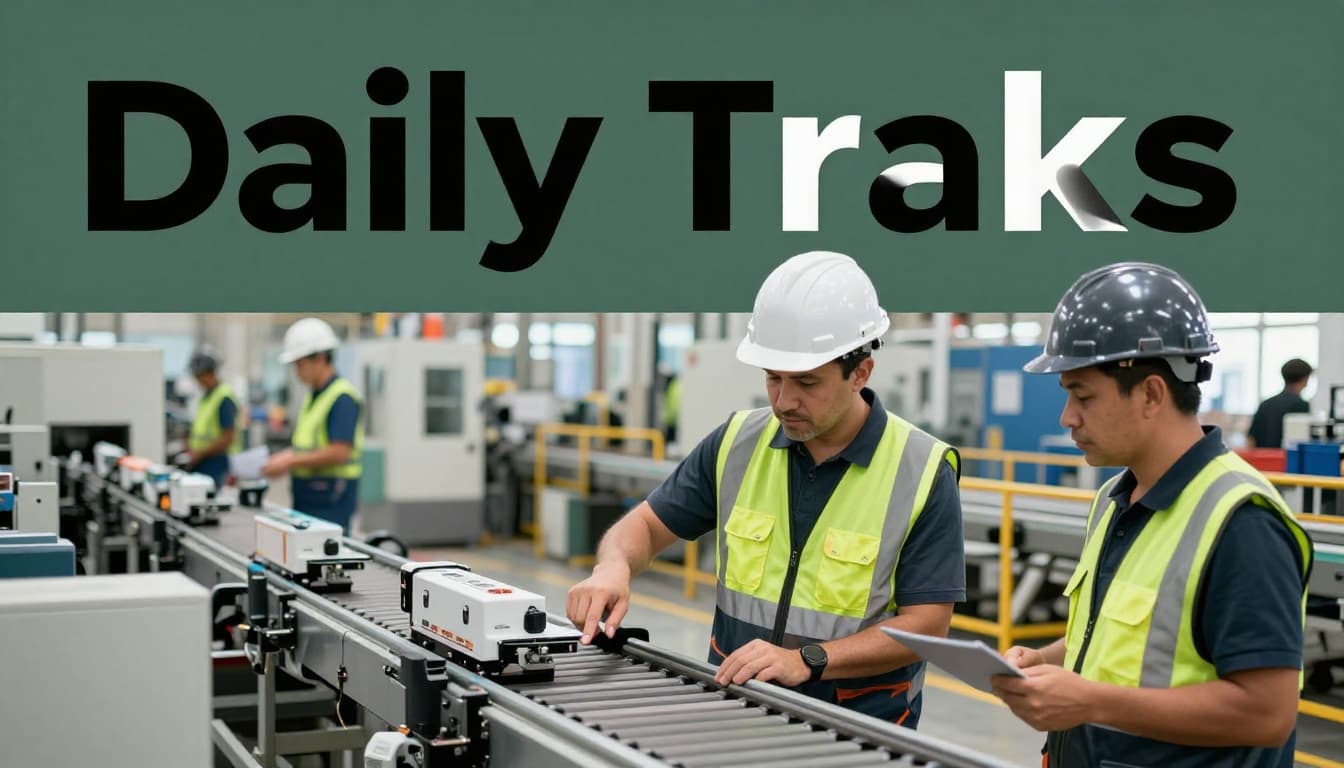 Factory supervisor in hard hat and vest points to a product defect on conveyor belt on busy manufacturing production line, with one worker listening nearby, modern industrial setting, realistic photo, featuring bold 'Daily Tasks' headline on muted dark-green band at top.