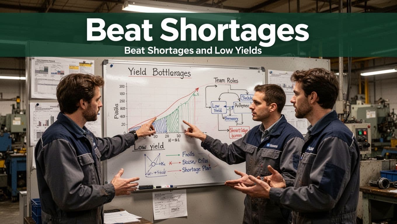 Three production workers in a factory break area huddle around a whiteboard displaying yield charts and bottleneck diagrams, pointing to low yield areas and discussing team roles for shortage plans in a realistic industrial style.