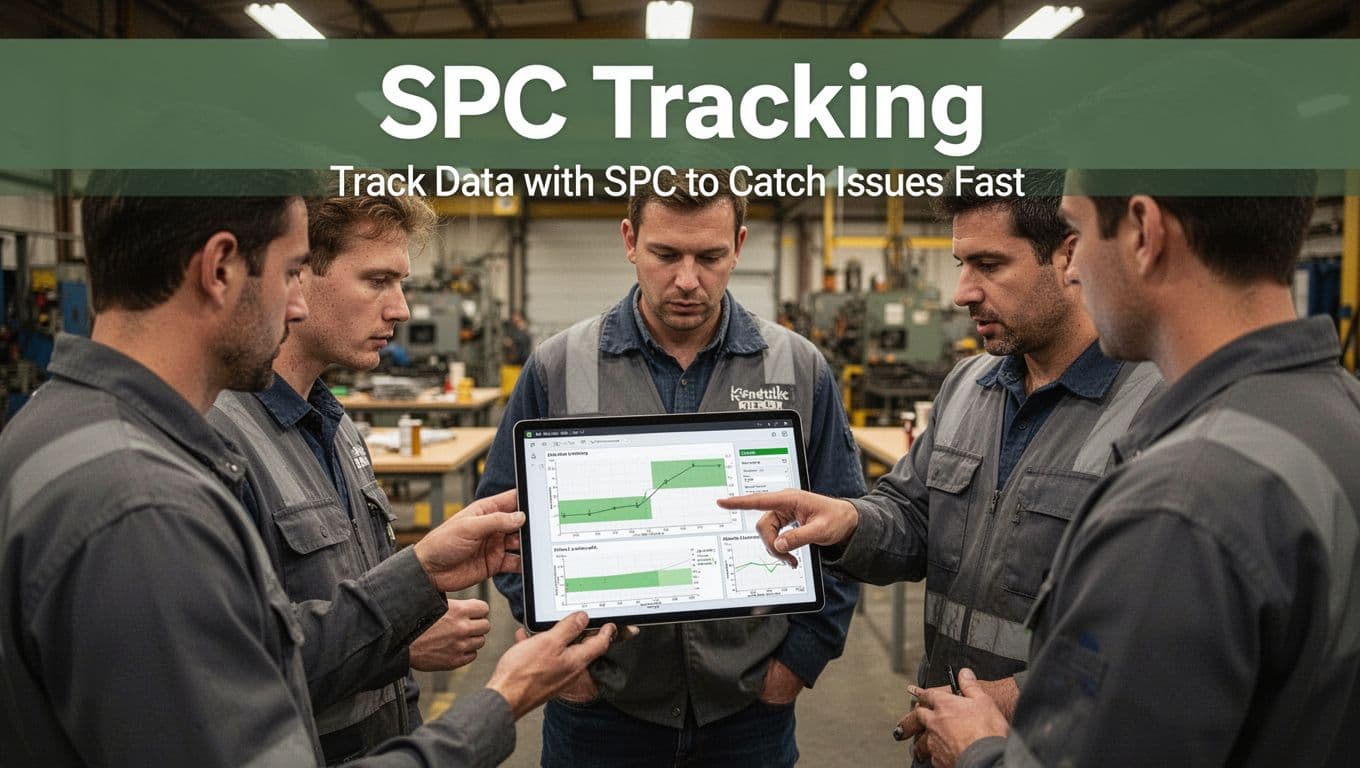 Three production workers in a factory break area review an SPC control chart on a tablet during a team huddle, with one pointing at defect trends and green stable zones, under warm overhead lighting in realistic industrial style.