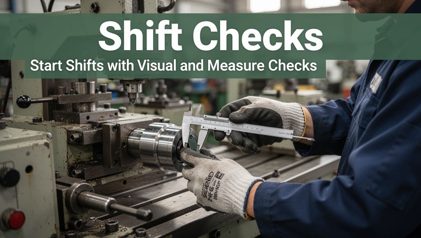 Production line worker starts shift inspecting machine and measuring part with caliper in morning-lit factory. Close-up on gloved hands and tools, realistic industrial style with 'Shift Checks' headline.