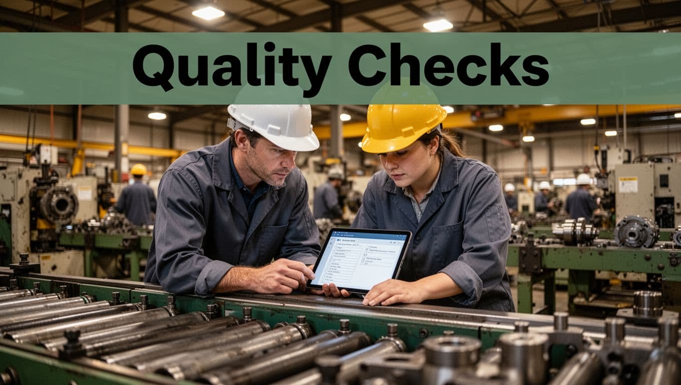 Factory workers in hard hats inspect machine parts on an assembly line using a checklist on a tablet, with a conveyor belt in the foreground in an industrial warehouse setting. Bold branded headline 'Quality Checks' in Title Case on a muted dark-green band near the top.