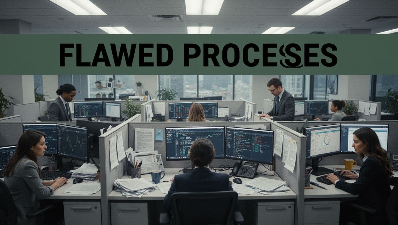 Siloed office teams in separate cubicles ignore each other amid scattered paperwork and mismatched data on computers, emphasizing disconnection in a modern office with fluorescent lighting and cool tones.