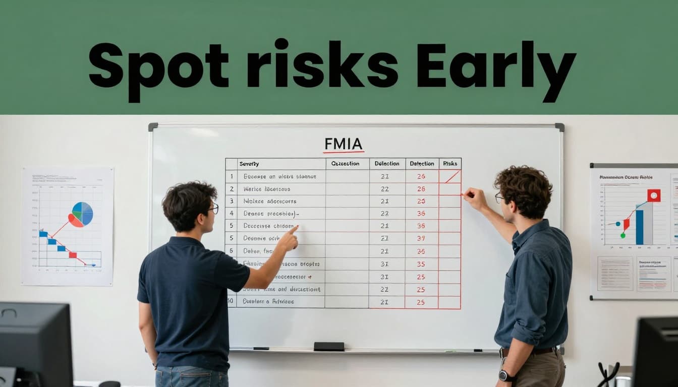 Factory engineers gathered around a whiteboard in a modern planning room, listing process steps, marking risks in red, and featuring a simple FMEA table with severity, occurrence, and detection scores. Bold headline 'Spot Risks Early' on a dark-green band emphasizes proactive quality risk management in a clean industrial setting.