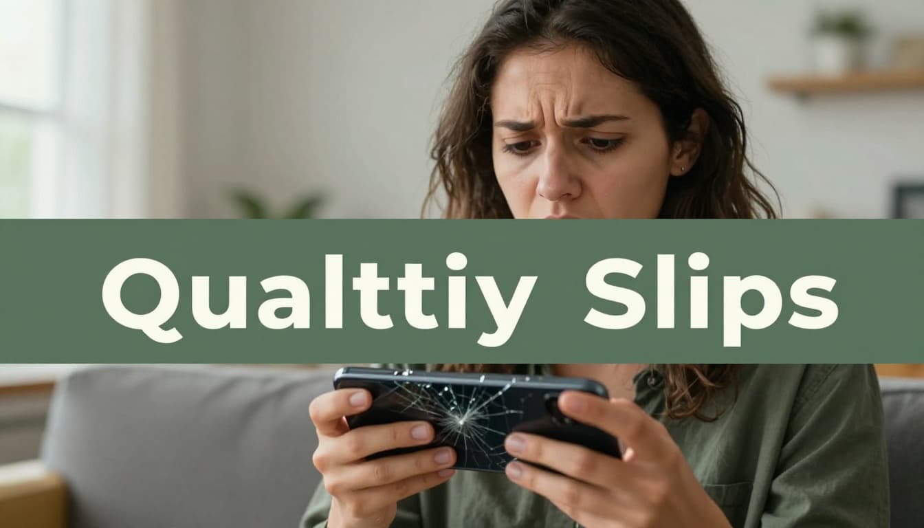 Close-up of a frustrated customer loosely holding a broken smartphone with a cracked screen in a home living room, realistic photo style with natural daylight lighting and muted tones. Bold editorial headline 'Quality Slips' on a muted dark-green band near the top.