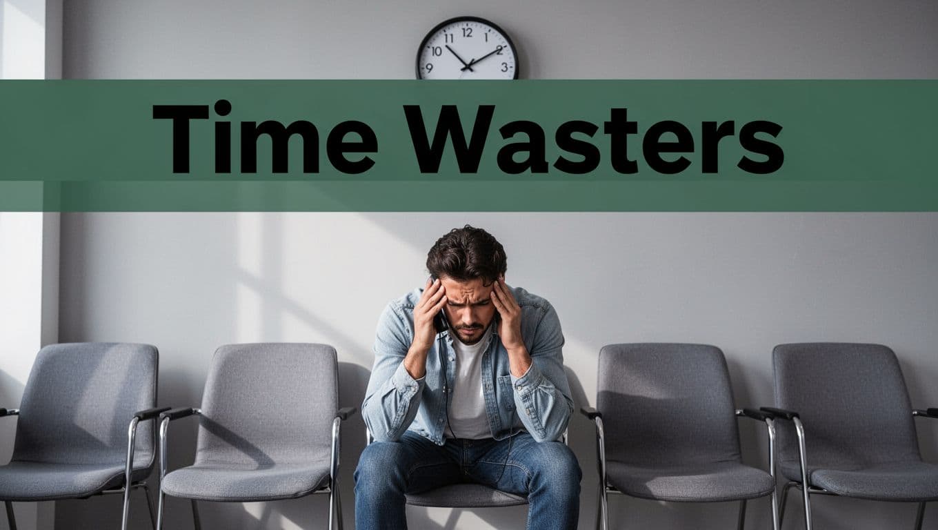 A frustrated customer sits alone in a modern office waiting room with head in hands, enduring phone hold as a clock ticks slowly in the background, under natural daylight with soft shadows. Bold editorial-style headline 'Time Wasters' in Montserrat Black font on a muted dark-green band at the top.