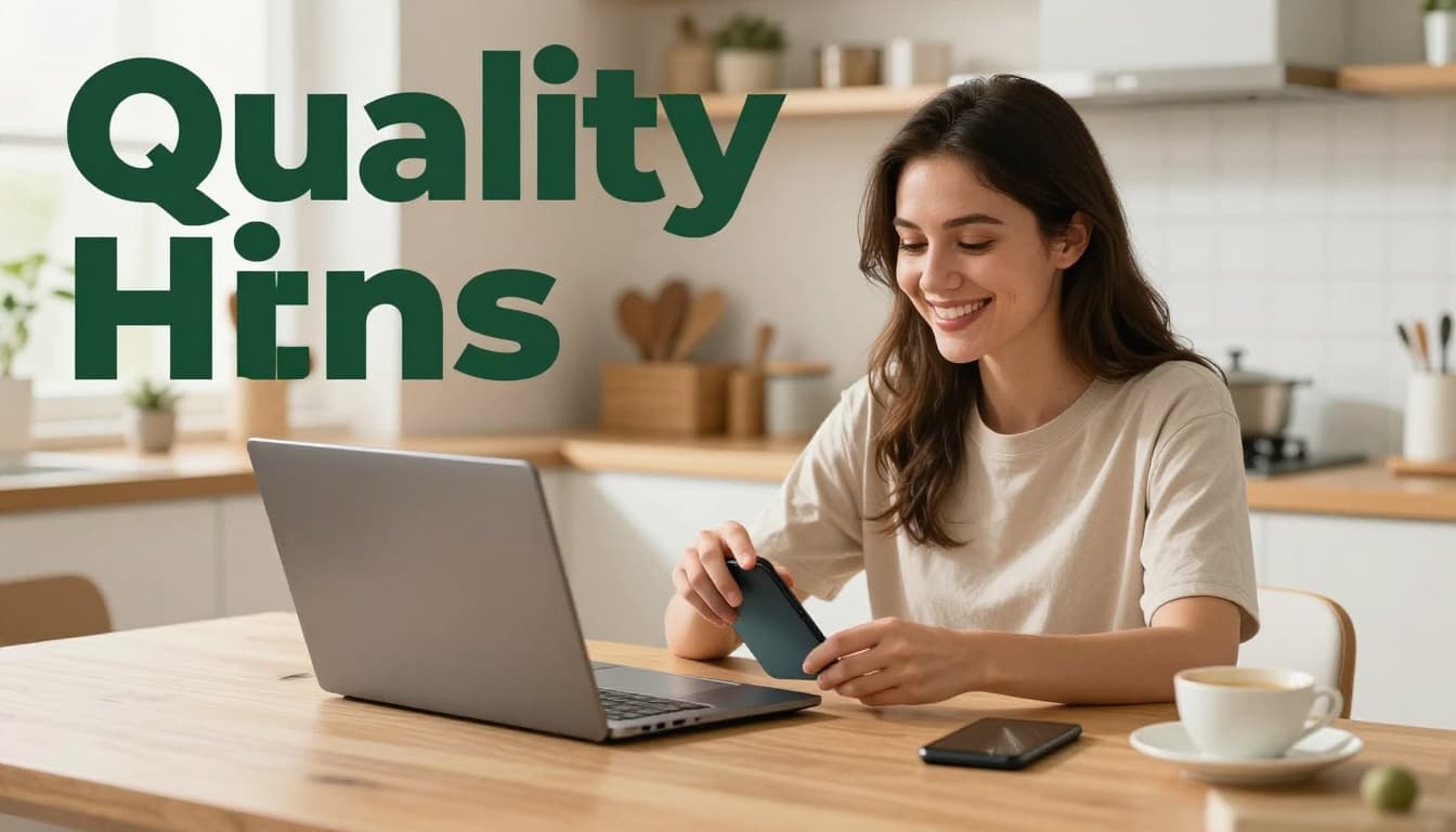 A joyful customer smiles while unboxing a flawless new gadget on a kitchen table in a warm home setting, captured in photorealistic style with soft morning light. Bold 'Quality Wins' headline featured in a muted dark-green band at the top.