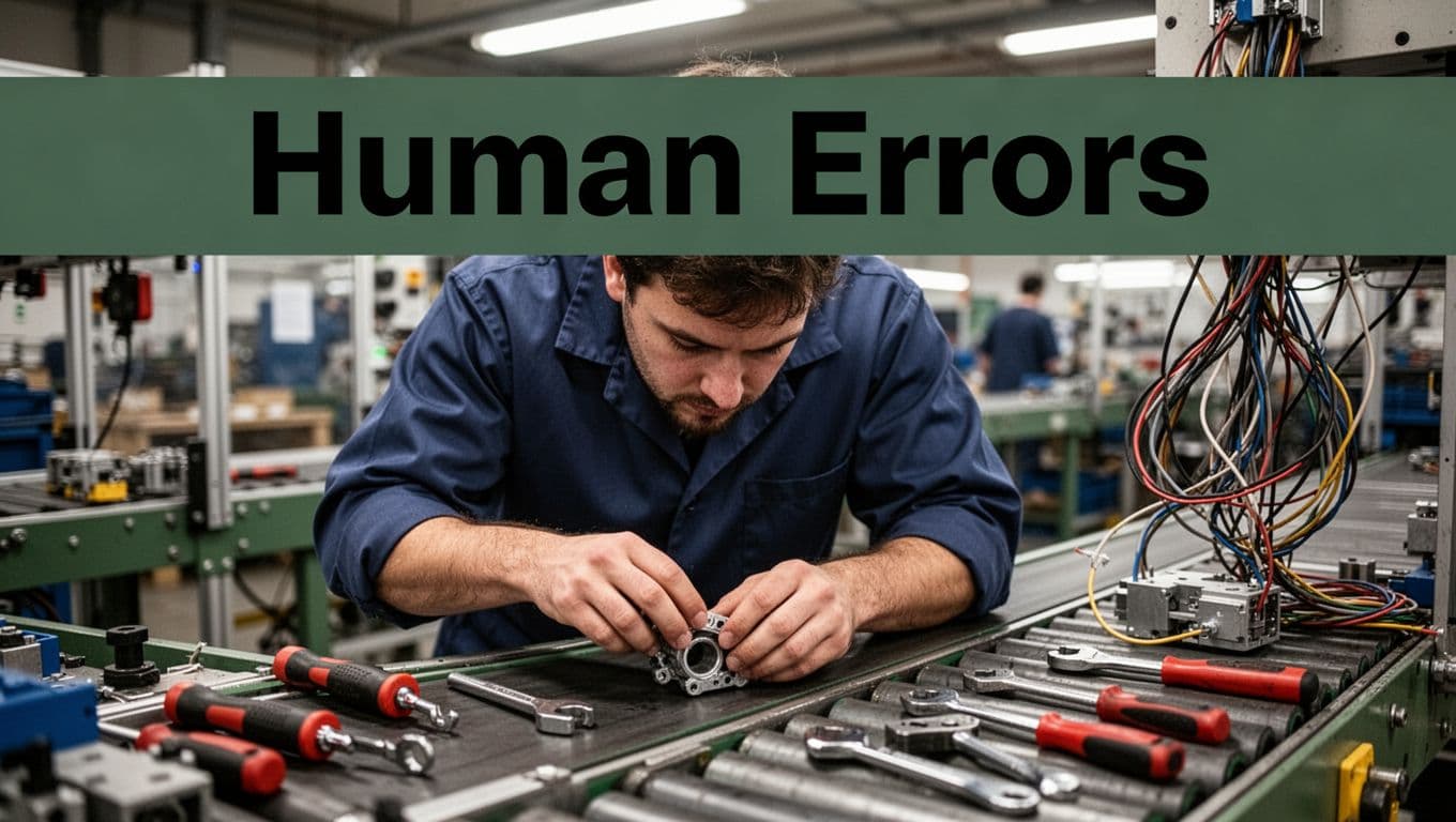A tired factory worker on an assembly line missing a step with tangled wires nearby, fumbling a part in an industrial workshop with conveyor belts and tools, close-up on face and hands.