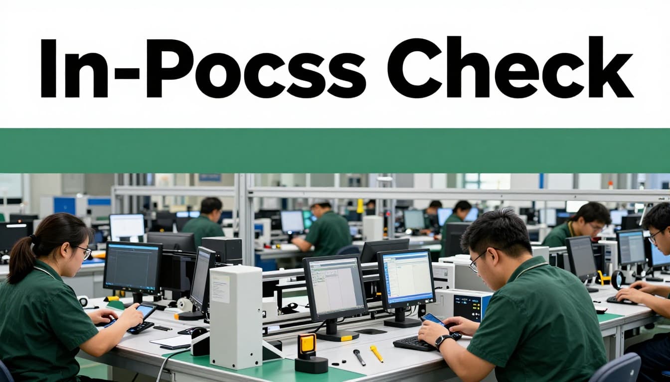 Factory floor scene with two assembly line workers monitoring phone screen assembly for alignment errors; one uses a laser scanner on a partially assembled screen while the other observes, workbench with gauges and tools under bright lighting.