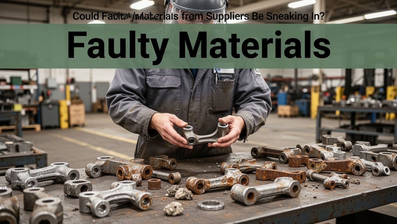 Factory inspector in protective gear examines defective metal auto parts on a receiving dock, revealing rust spots, impurities, and inconsistent sizes under bright lights.