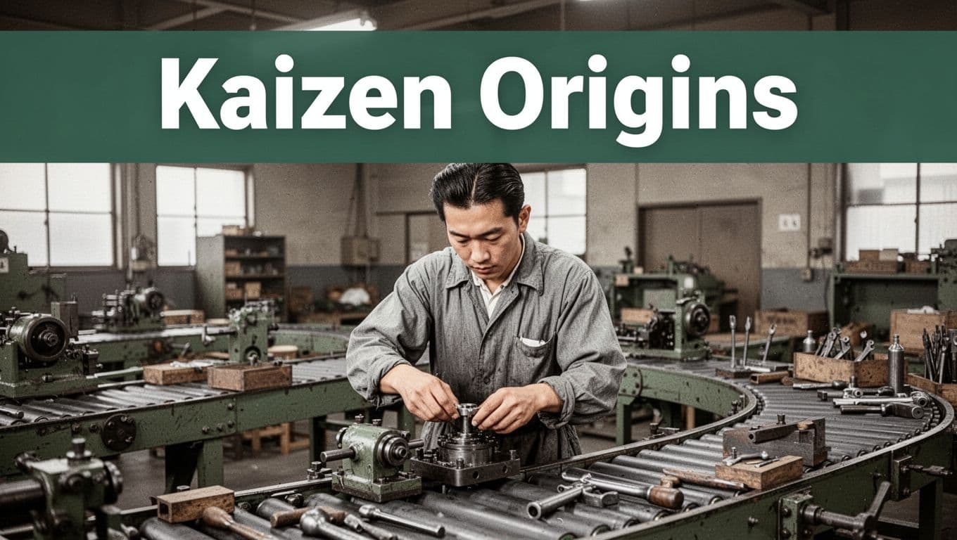 A focused factory worker in 1950s Japan attire stands at a post-World War II assembly line, tweaking a machine part amid conveyor belts and tools, with the bold headline 'Kaizen Origins' on a dark-green band at the top.