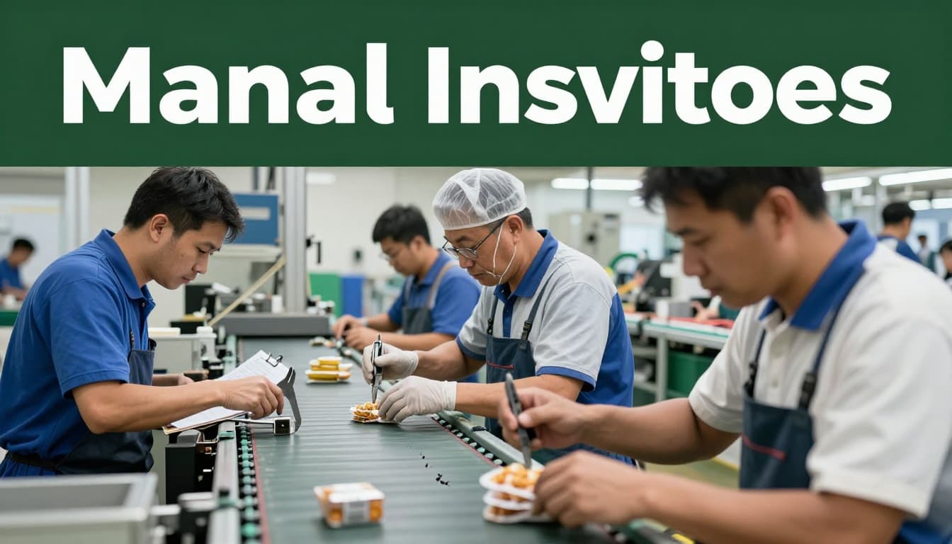 Factory workers in protective gear inspect products on a conveyor belt for scratches, cracks, and size issues using calipers and checklists under bright lighting, with a bold 'Manual Inspections' headline on a dark-green band.