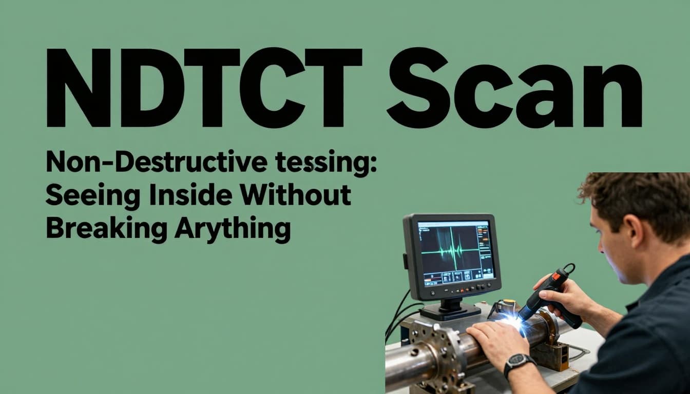 Technician performing ultrasound non-destructive testing on a metal weld in a workshop using a handheld ultrasonic device, with blurred wave screen and focused lighting on the test area.