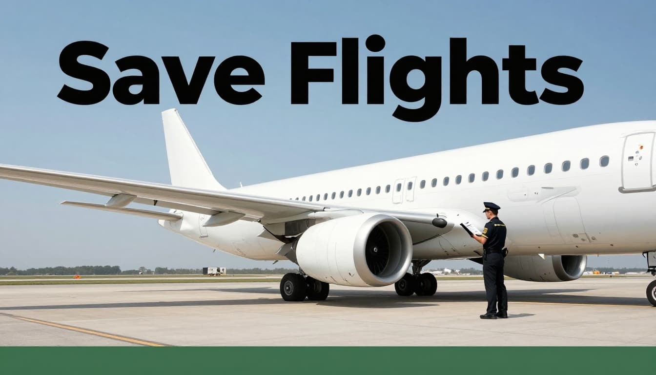 A pilot in uniform stands beside a large commercial airplane on a sunny airport tarmac, holding a clipboard with a pre-flight checklist while inspecting the engine and wings under a clear blue sky.