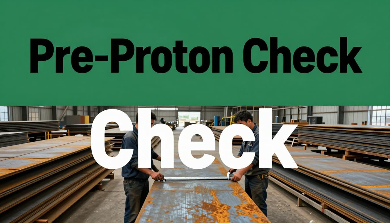 Workers in a large warehouse inspecting stacks of raw steel sheets for rust and damage, with one holding a sheet and another using calipers to measure thickness near an industrial conveyor.