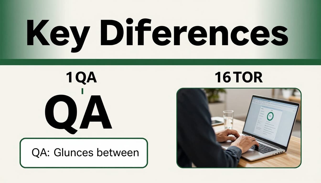 Side-by-side infographic contrasting QA process flowchart on the left with QC product inspection on the right, in simple style with clean symbols on a neutral background and bold 'Key Differences' headline on a muted dark-green band.