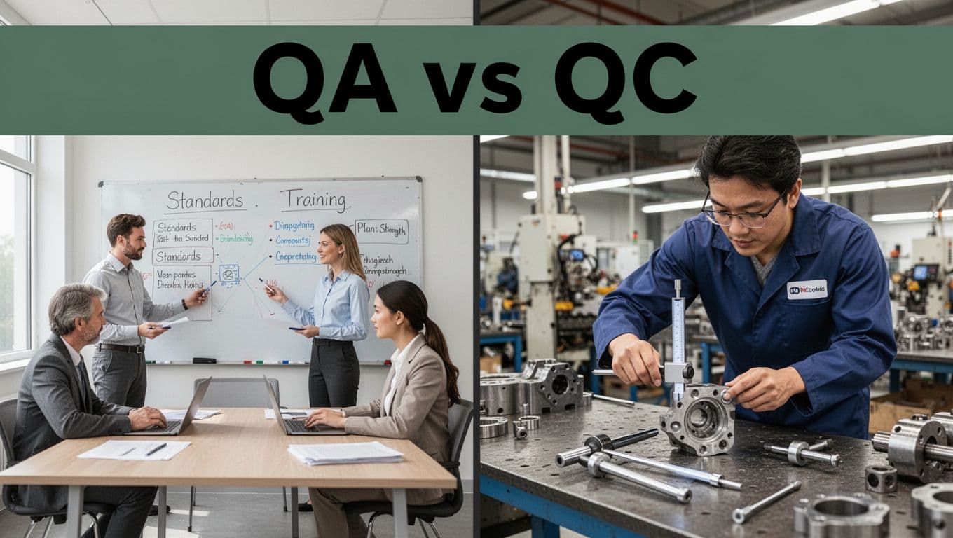 Split-image visual comparison showing QA preventive process with two team members reviewing plans in a conference room (left) versus QC detective inspection with one inspector measuring a product at a factory bench (right), modern industrial style.