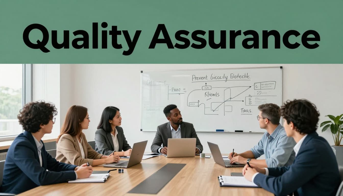 A team of four diverse professionals in a modern conference room discusses process plans on a whiteboard to prevent defects, illuminated by natural daylight.