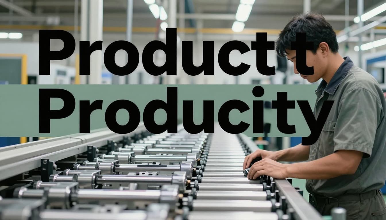 A lone factory worker checks a durable metal part on a modern assembly line conveyor belt under bright industrial lighting, emphasizing efficiency and zero defects in a realistic photo style with muted tones. Bold 'Product Quality' headline in Montserrat Black font on a dark-green band at the top.