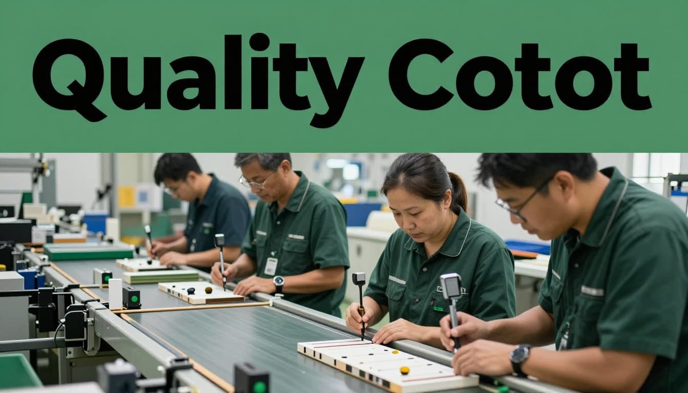 Two inspectors in a factory use measurement tools to check dimensions and quality of finished products on a conveyor belt in an industrial setting with soft overhead lighting, realistic photo style, featuring a bold 'Quality Control' headline on a muted dark-green band.