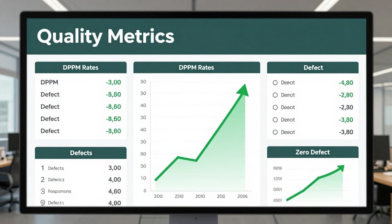 Dashboard displaying quality metrics charts including DPPM rates and defect trends with green upward arrows toward zero defect goal. Central screen with clean graphs and data visualization, bold 'Quality Metrics' headline on muted dark-green band in office control room setting.