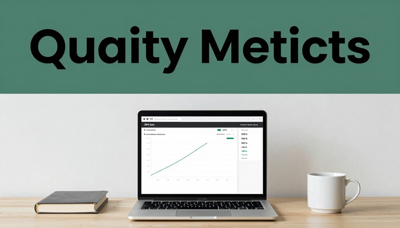 A realistic photo of a laptop centered on an office desk displaying an angled, unreadable dashboard with charts for NPS score, OEE percentage, and low defect rate, under soft office lighting, with a coffee mug nearby and a bold 'Quality Metrics' headline on a dark-green band at the top.