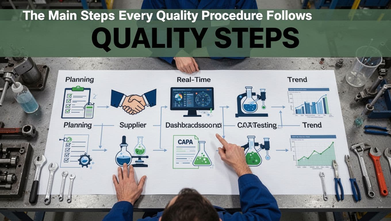 Vertical sequence of six icons depicting quality procedure steps including planning, supplier handshake, dashboard monitoring, lab testing, CAPA report, and trend analysis, arranged as a flowchart on a factory workbench with a pointing worker.