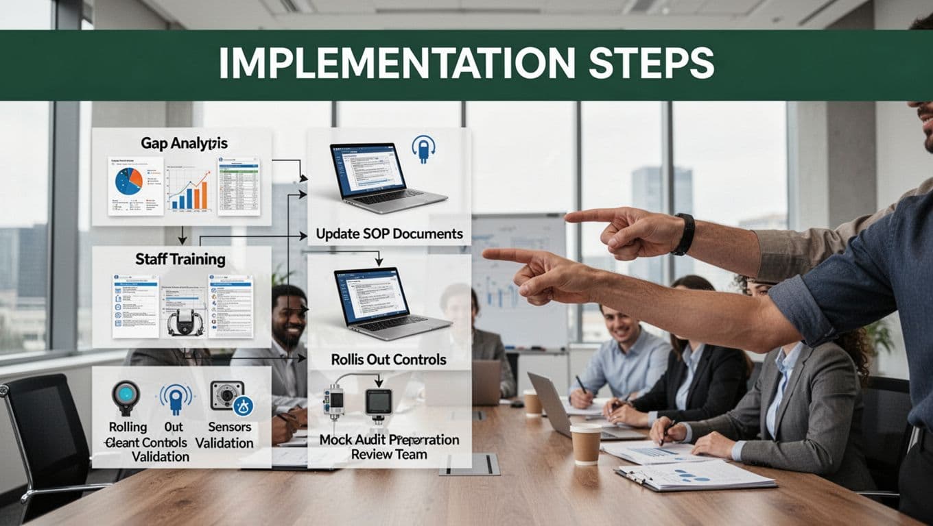 Vertical flowchart illustrating five sequential steps for implementing quality procedures: gap analysis, SOP updates, staff training, control rollout, and mock audit preparation, in a modern office with bold editorial illustration style.