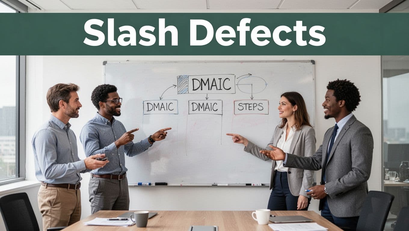 Team of four diverse professionals in a bright conference room discussing DMAIC steps on a whiteboard, pointing relaxedly in realistic style. Bold editorial headline 'Slash Defects' on a muted dark-green band above the focal team.