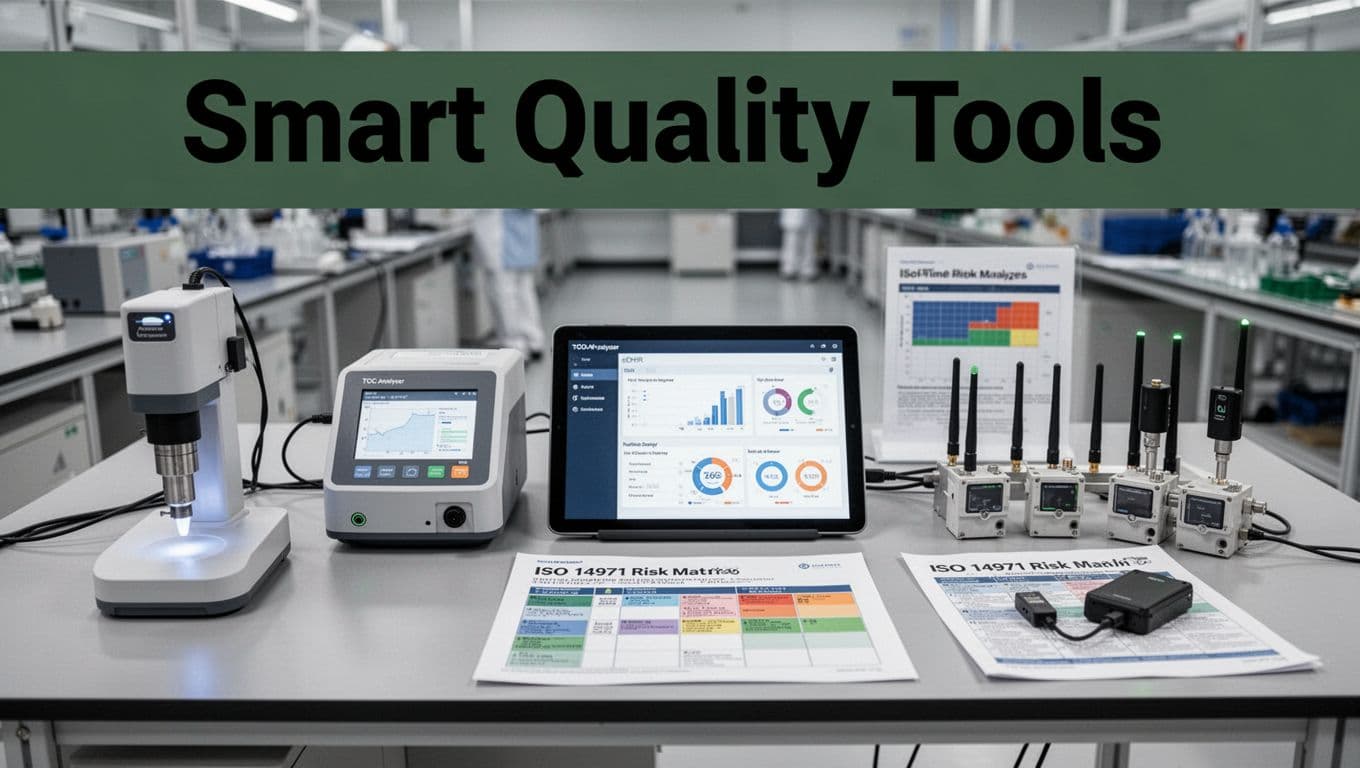 Assortment of smart quality control tools on a clean modern factory workbench, including NIR spectrometer probe, TOC analyzer device, eDHR tablet dashboard, real-time sensor array, and ISO 14971 risk matrix printout, in bold editorial illustration style with headline.