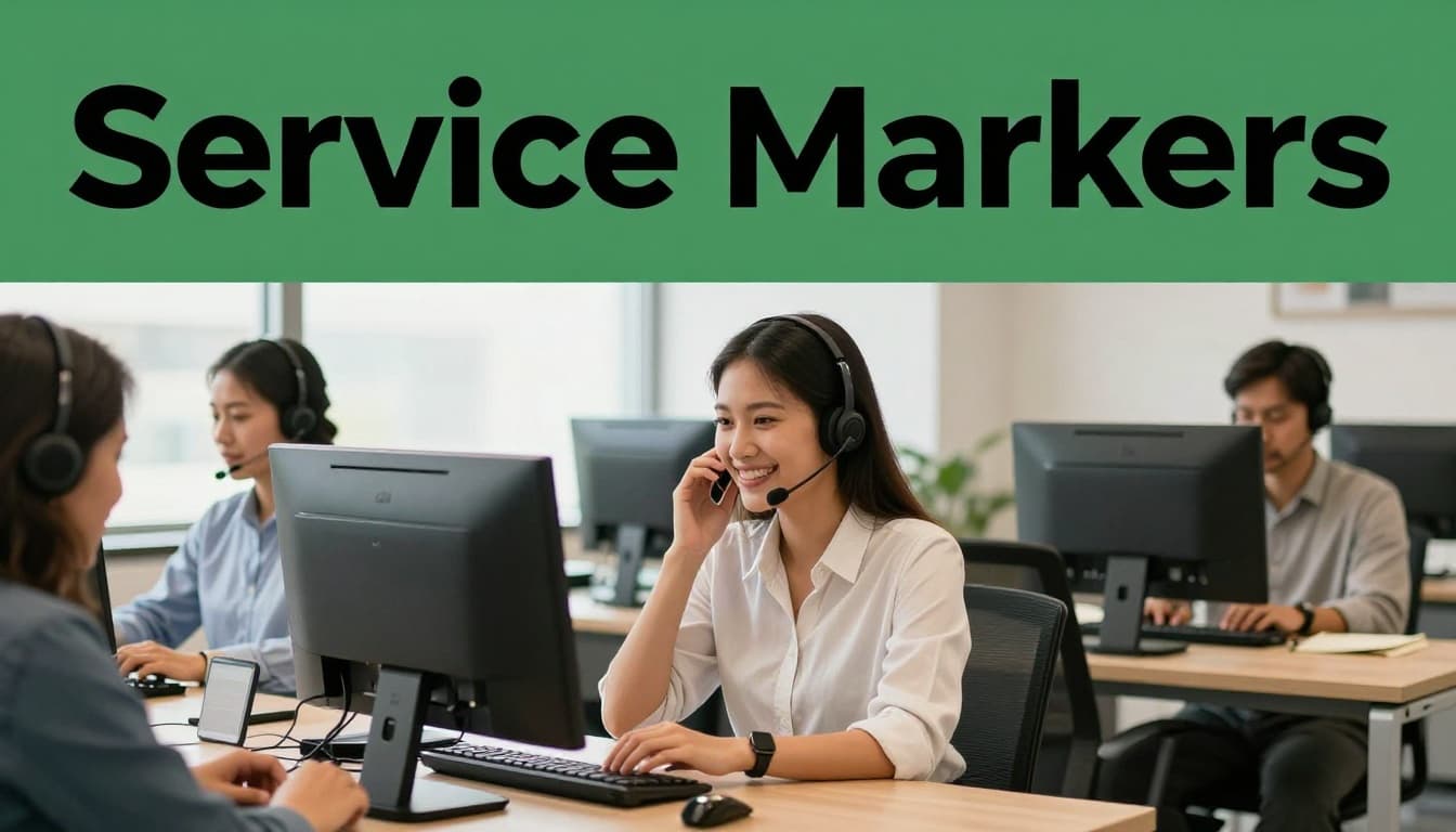 Smiling customer service agent at a clean desk assists client over phone in modern office with warm natural light, focusing on empathetic interaction in realistic photo style. Bold 'Service Markers' headline on muted dark-green band at top.