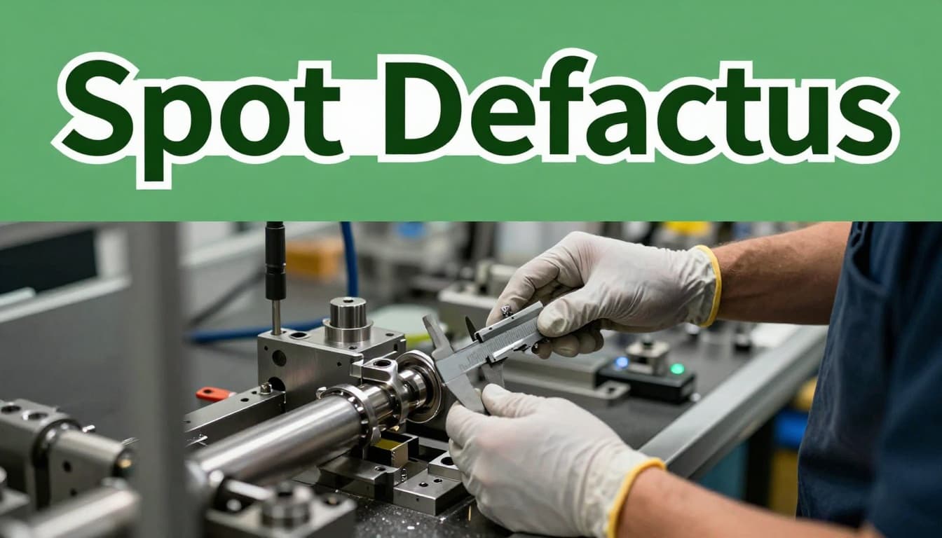 Production line worker in clean factory closely inspecting small machined part with calipers for defects, close-up on tool and gloved hands, realistic industrial style with bold 'Spot Defects' headline on dark-green band.