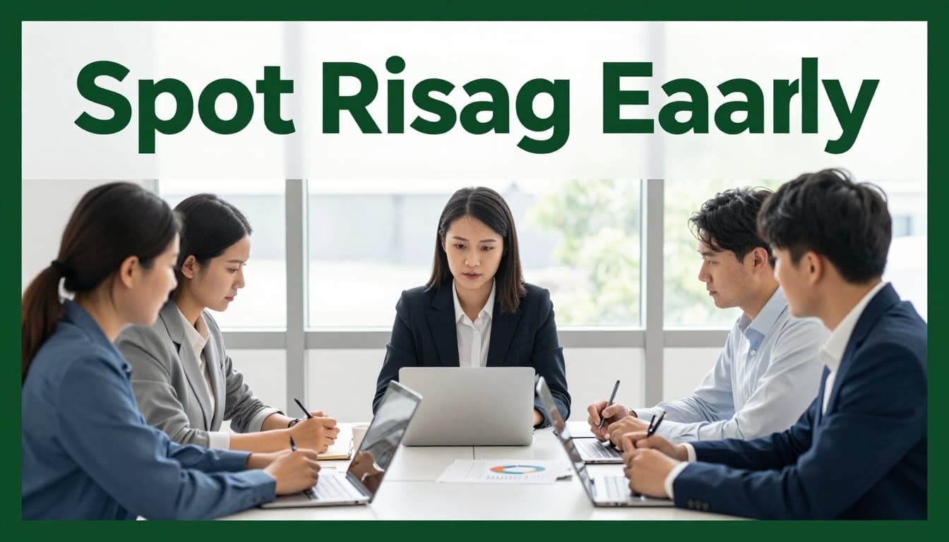 A team of three business professionals—one woman leading the discussion and two men taking notes—conducts a risk assessment in a modern office with charts, laptops, and bright natural daylight.