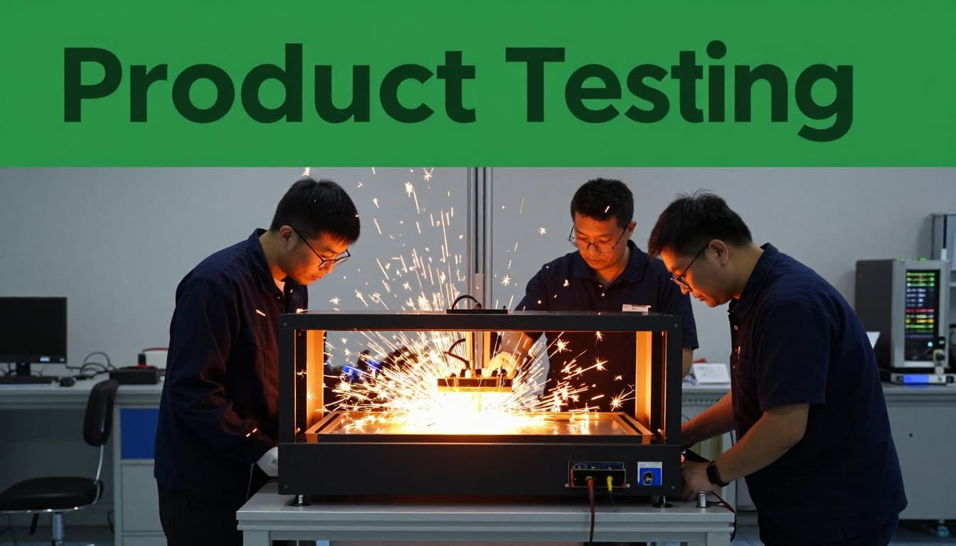 Two technicians run stress tests on an electronic device using drop test machine, vibration table, and heat chamber in a controlled lab with dramatic lighting and 'Product Testing' headline.