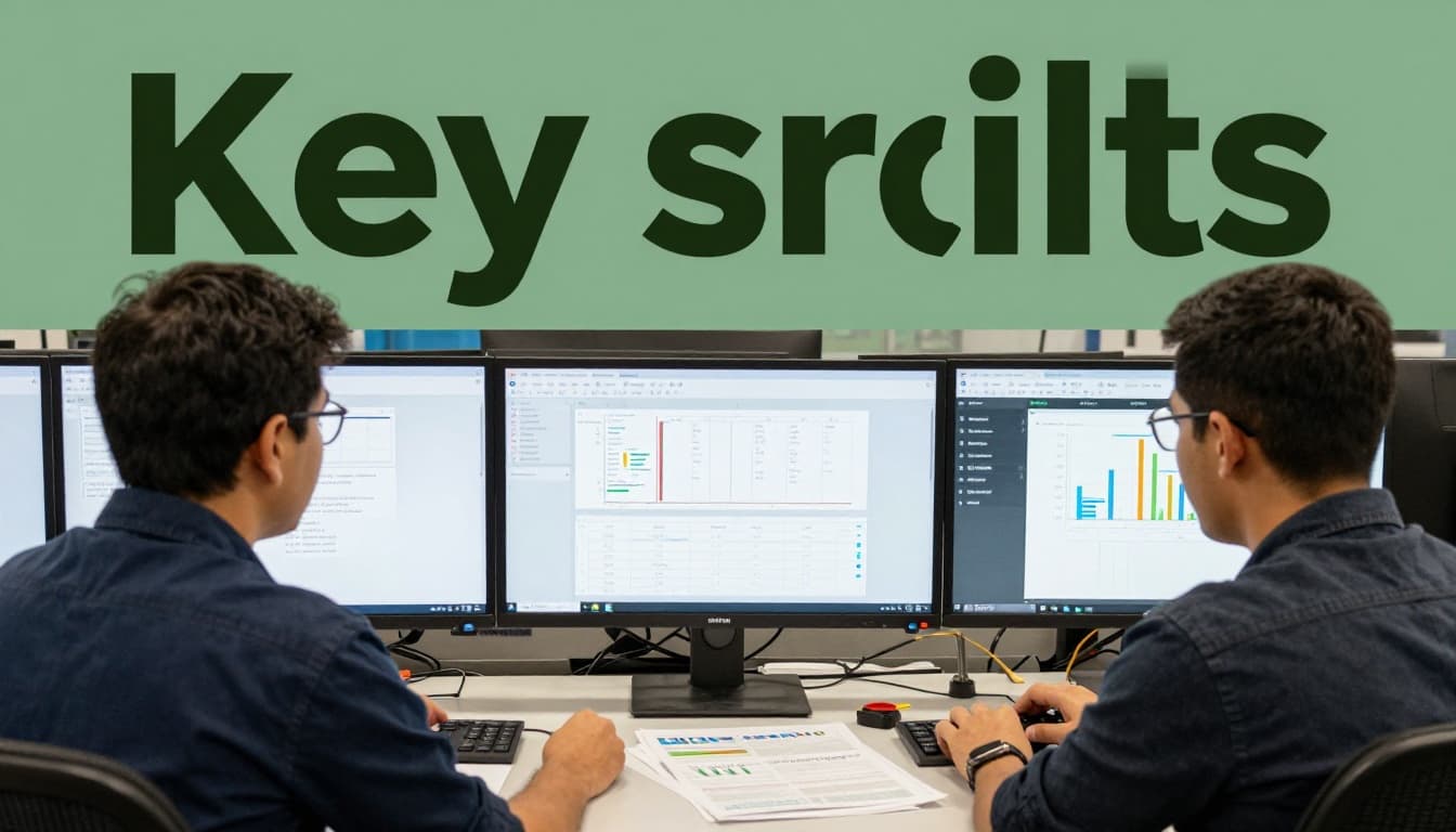 Supervisor at desk reviews quality data charts on computer screen while discussing with one team member in a factory office background, focused on collaboration under warm lighting.